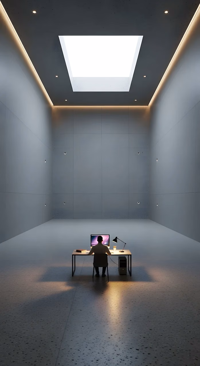 Download Solitary Worker in Vast Minimalist Concrete Room with Skylight Wallpaper in Mobile HD Solitary Worker in Vast Minimalist Concrete Room with Skylight - Free Mobile AMOLED Wallpaper Background