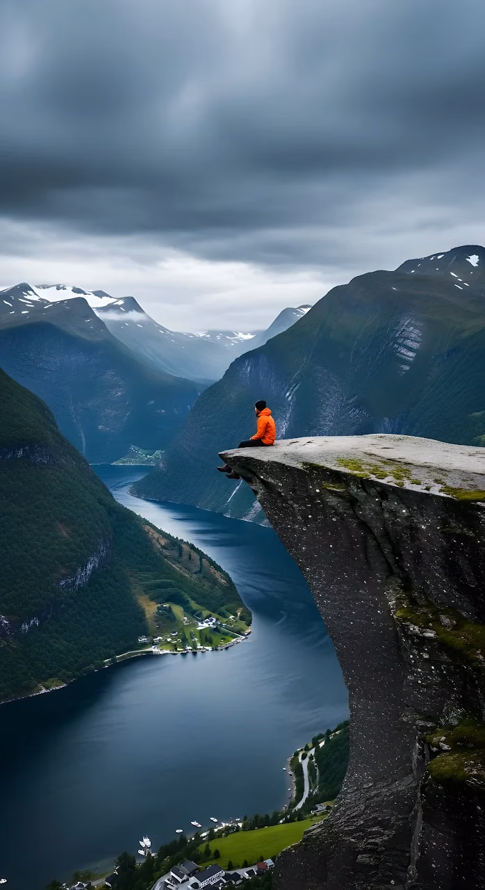 Solitude on Cliff Edge Overlooking Deep Norwegian Fjord - Free Mobile AMOLED Wallpaper Background