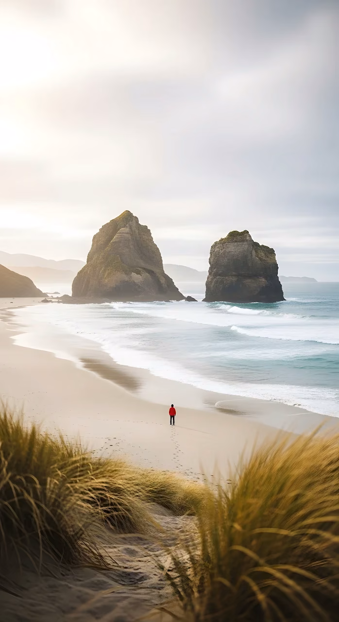 Download Solitude on the Misty Beach with Massive Sea Stacks Wallpaper in Mobile HD Solitude on the Misty Beach with Massive Sea Stacks - Free Mobile AMOLED Wallpaper Background