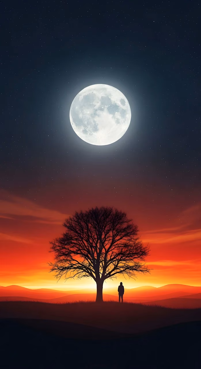Solitude Under Full Moon and Fiery Sunset Sky - Free Mobile AMOLED Wallpaper Background