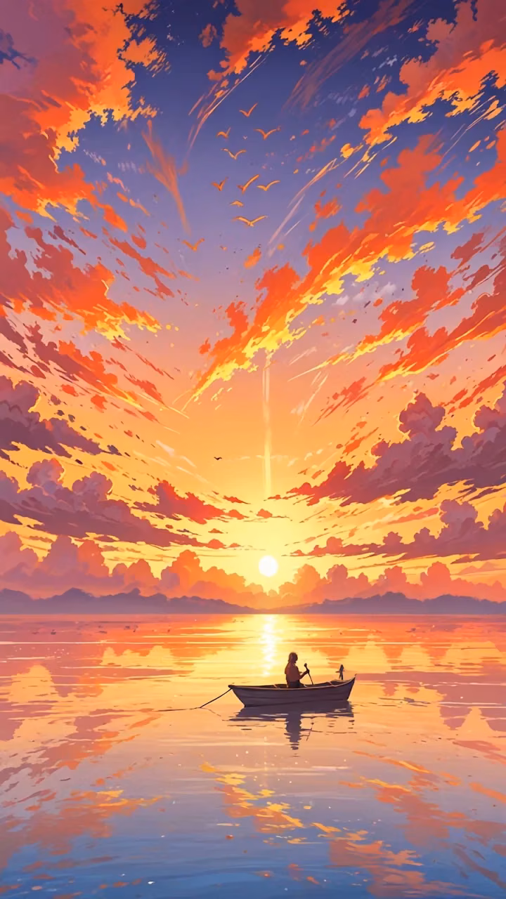 Solitude on Water at Sunset with Fiery Orange Clouds Art - Free Mobile AMOLED Wallpaper Background