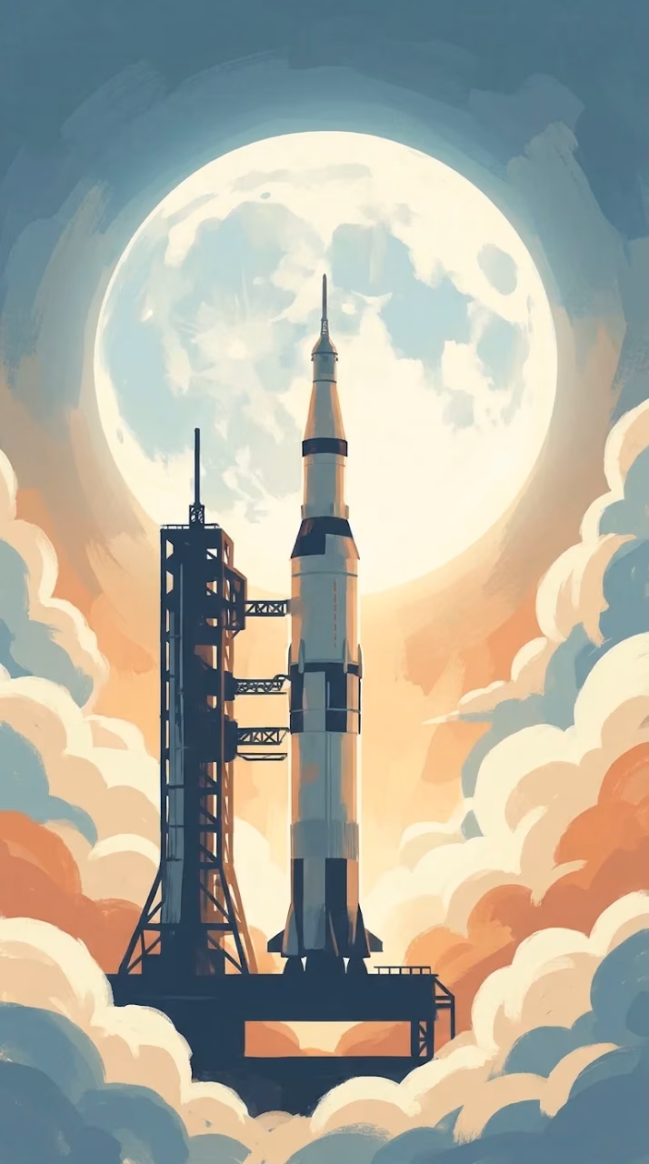 Space Rocket on Launch Pad Against Large Moon and Clouds Illustration - Free Mobile AMOLED Wallpaper Background