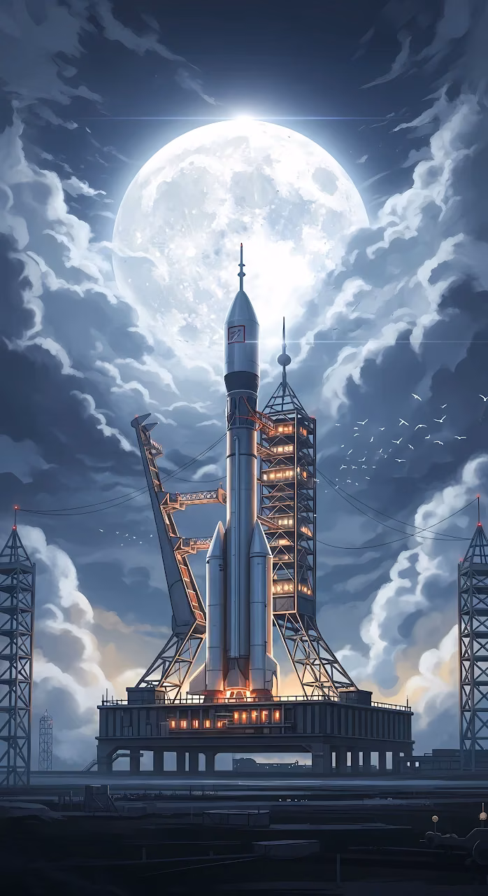 Space Rocket Launchpad Under Giant Moon - Free Mobile AMOLED Wallpaper Background