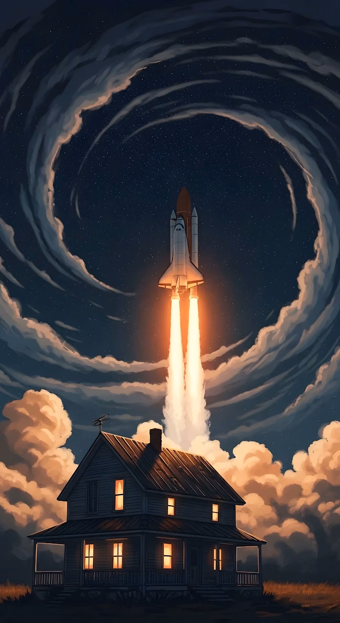 Space Shuttle Launching Above a Rural Farmhouse at Night - Free Mobile AMOLED Wallpaper Background