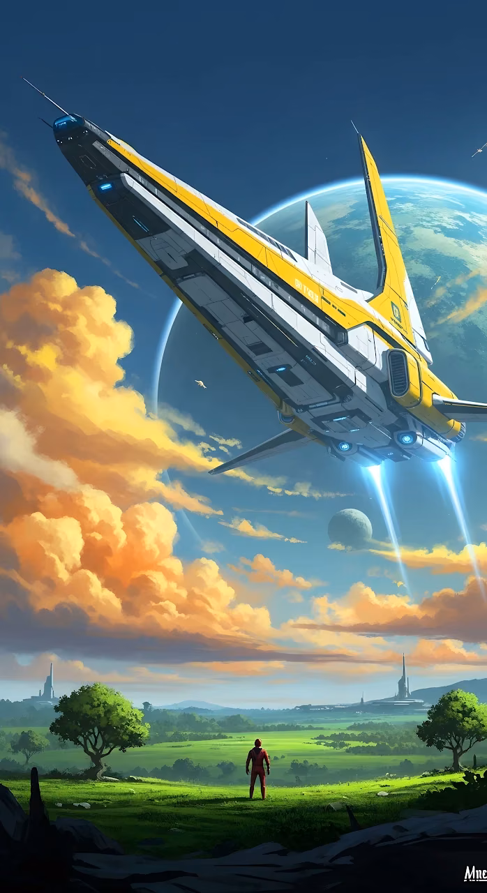 Spaceship Landing on Lush Alien Planet Sci Fi Illustration - Free Mobile AMOLED Wallpaper Background