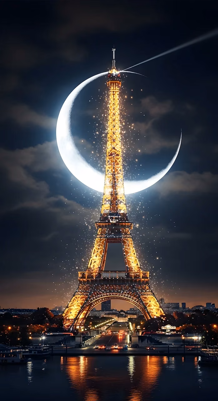 Sparkling Eiffel Tower at Night Under a Giant Crescent Moon - Free Mobile AMOLED Wallpaper Background
