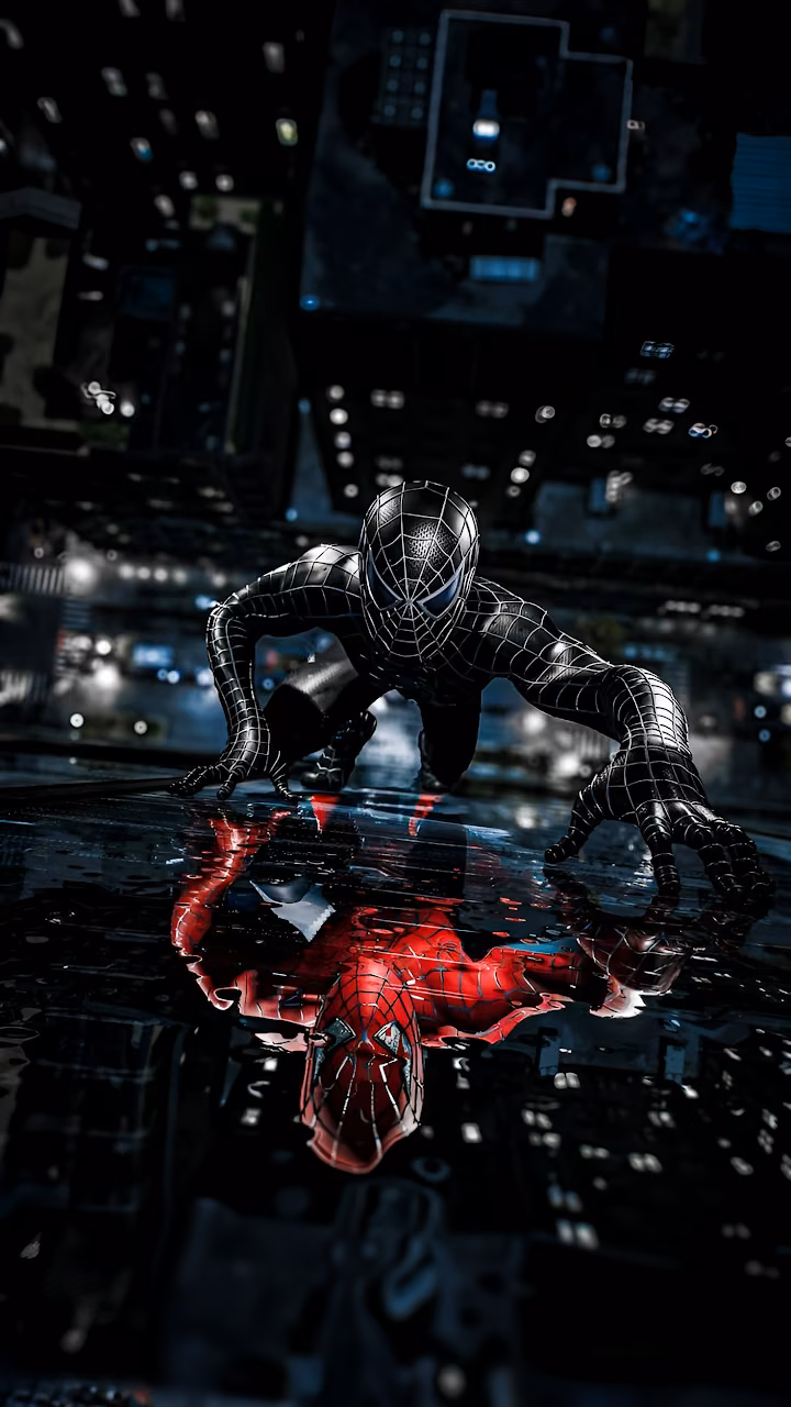 Spider Man in Black Suit Crouches Over Reflective Surface - Free Mobile AMOLED Wallpaper Background