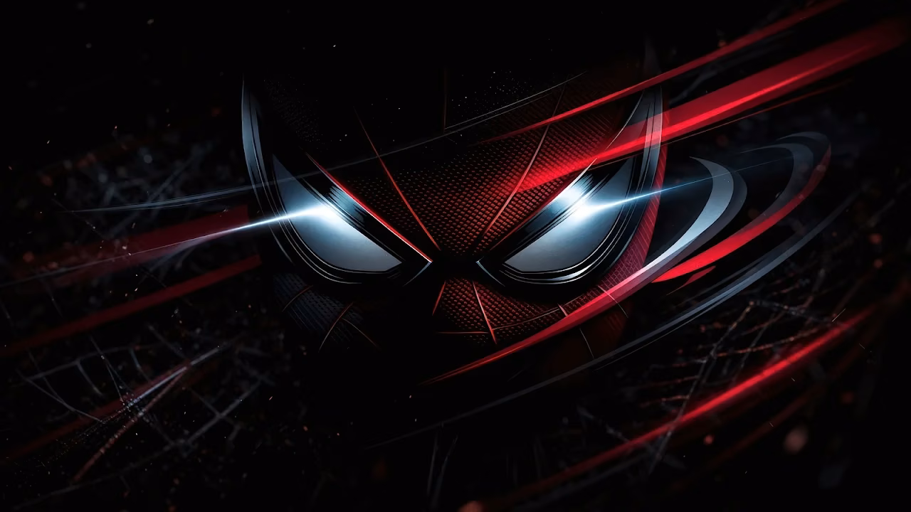 Download Spider-Man Glowing Eyes Dark Mesh 4K Wallpaper in 4K UHD Close-up of Spider-Man mask with bright glowing white-cyan eyes surrounded by red light streaks on black background.