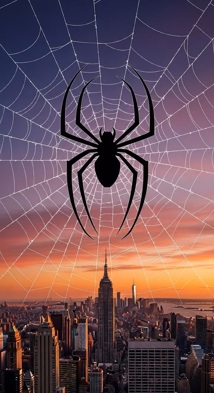 Spider-Man Logo Over New York City Skyline at Twilight - Free Mobile AMOLED Wallpaper Background