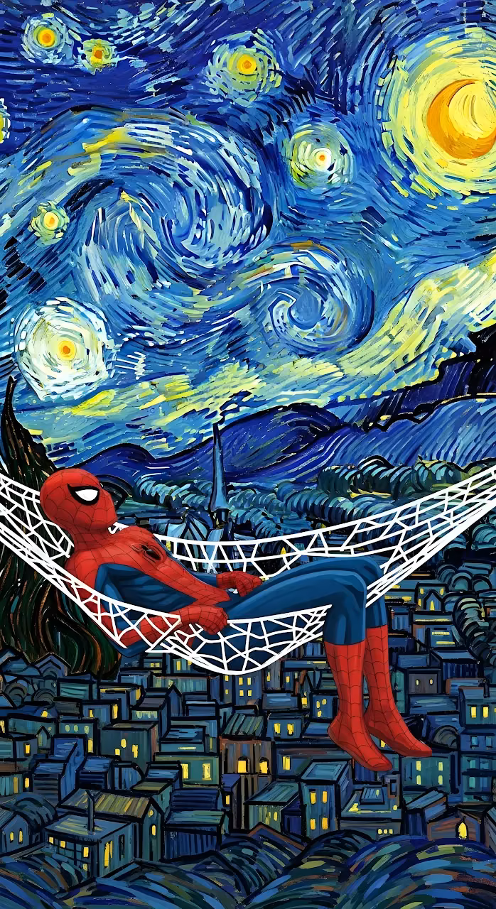 Download Spider Man Resting in Web Hammock Starry Night Style Wallpaper in Mobile HD Spider Man Resting in Web Hammock Starry Night Style - Free Mobile AMOLED Wallpaper Background