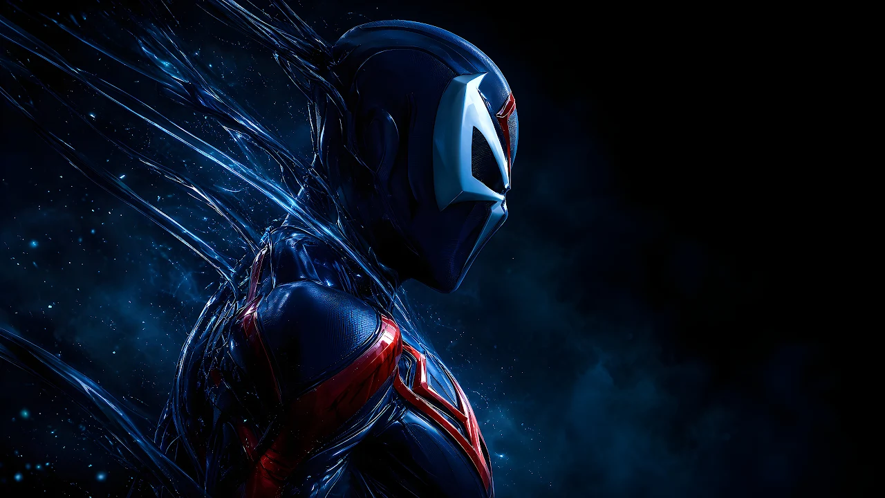 Side profile of Spider-Man 2099 wearing a glossy dark suit with angular white eye lenses and red chest accents.