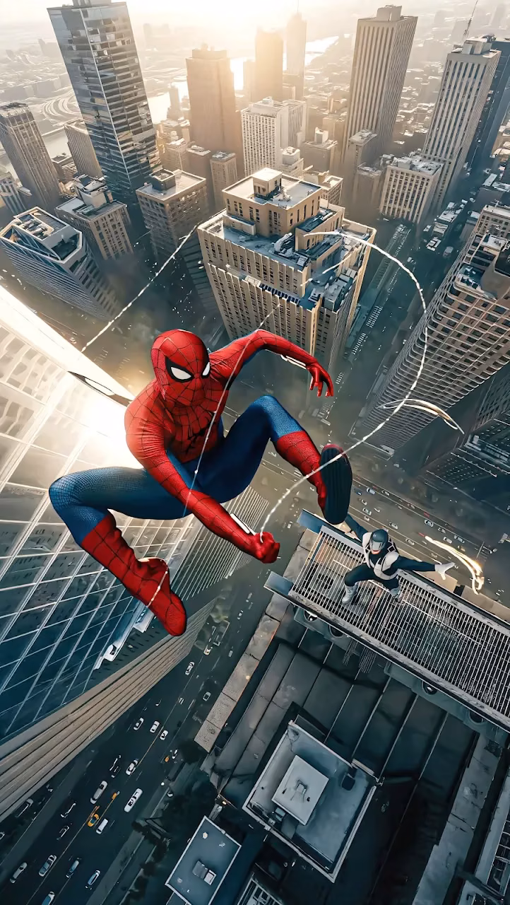 Download Spider-Man Urban High-Rise Daylight Battle 4K Wallpaper in Mobile HD High-angle view of Spider-Man diving between city skyscrapers with web lines trailing against morning light.