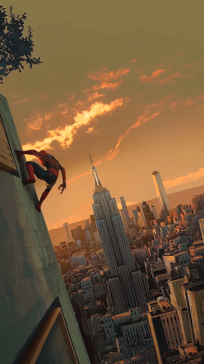 Download Spider-Man Manhattan Sunset Skyscraper Climb 4K Wallpaper in Mobile HD Spider-Man climbing the side of a tall skyscraper with the Empire State Building and city skyline at sunset.