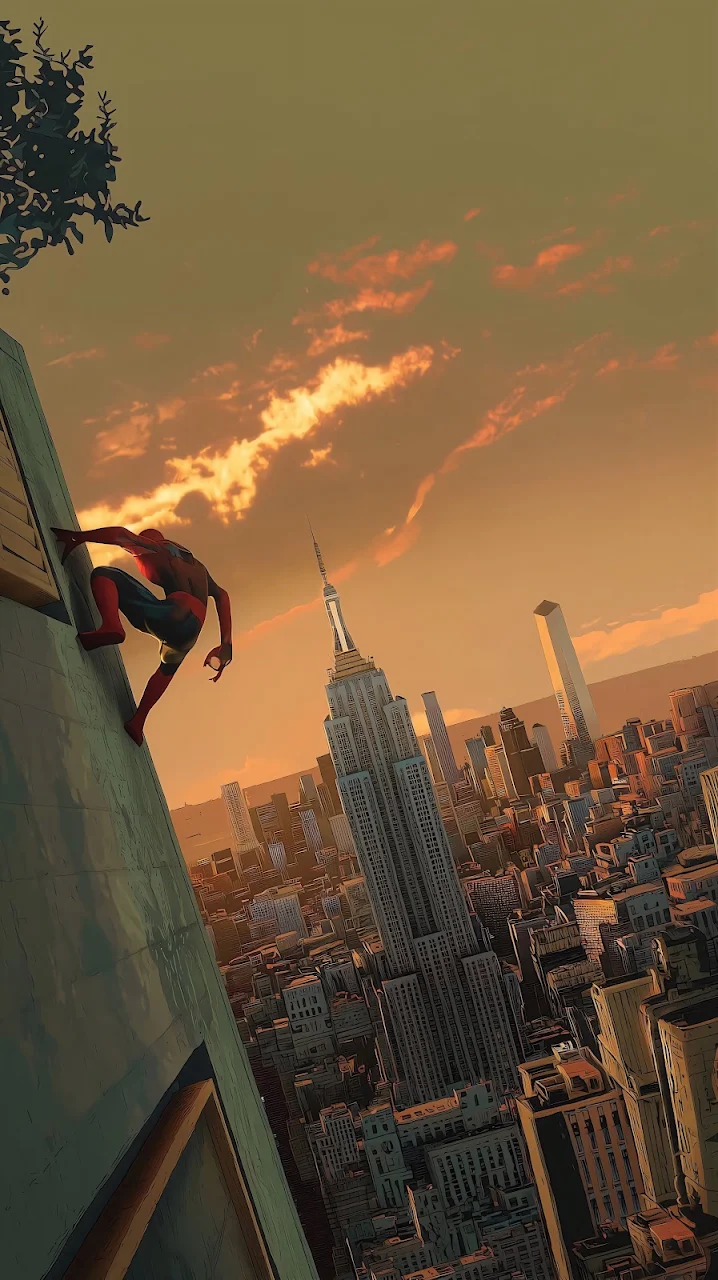 Download Spider-Man Manhattan Sunset Skyscraper Climb 4K Wallpaper in Mobile HD Spider-Man climbing the side of a tall skyscraper with the Empire State Building and city skyline at sunset.