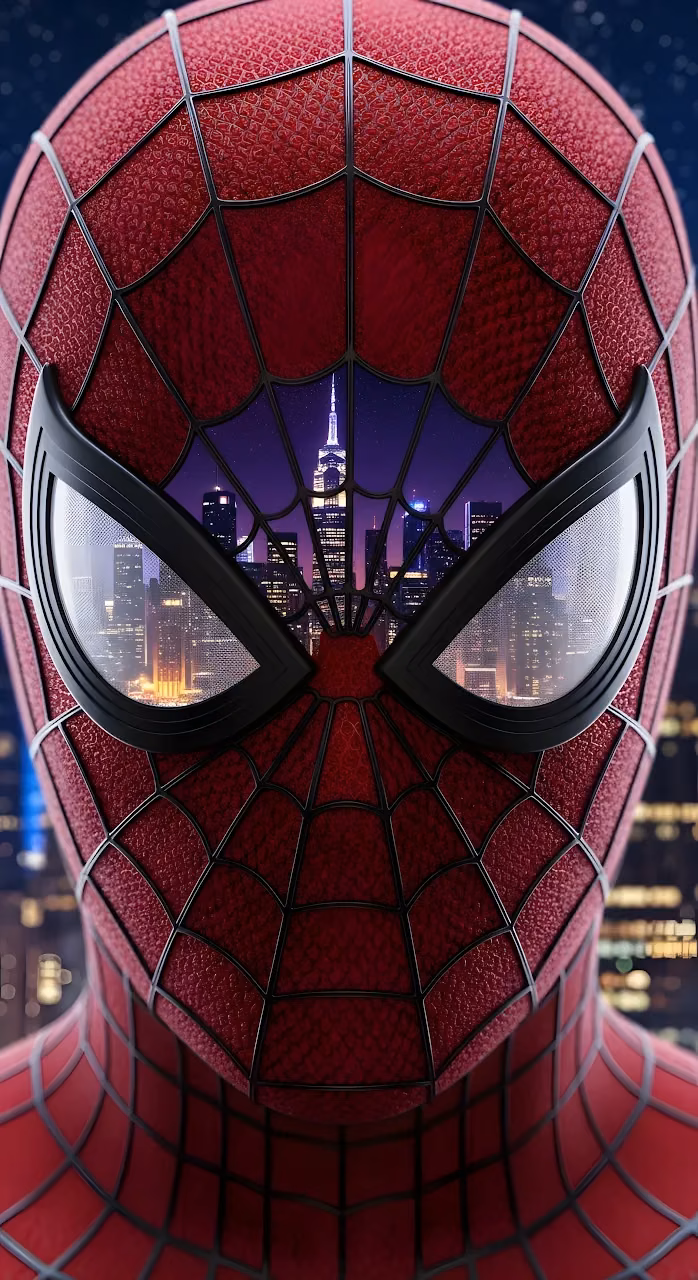 Download Spiderman Mask Close-up Reflecting New York City Skyline Wallpaper in Mobile HD Spiderman Mask Close-up Reflecting New York City Skyline - Free Mobile AMOLED Wallpaper Background