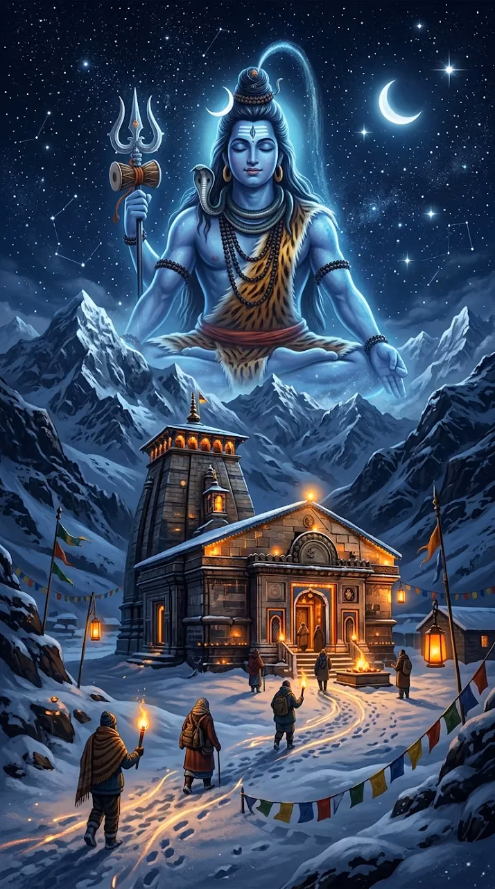 Spiritual Illustration of a Temple in the Himalayas with a Giant Statue of Lord Shiva - Free Mobile AMOLED Wallpaper Background
