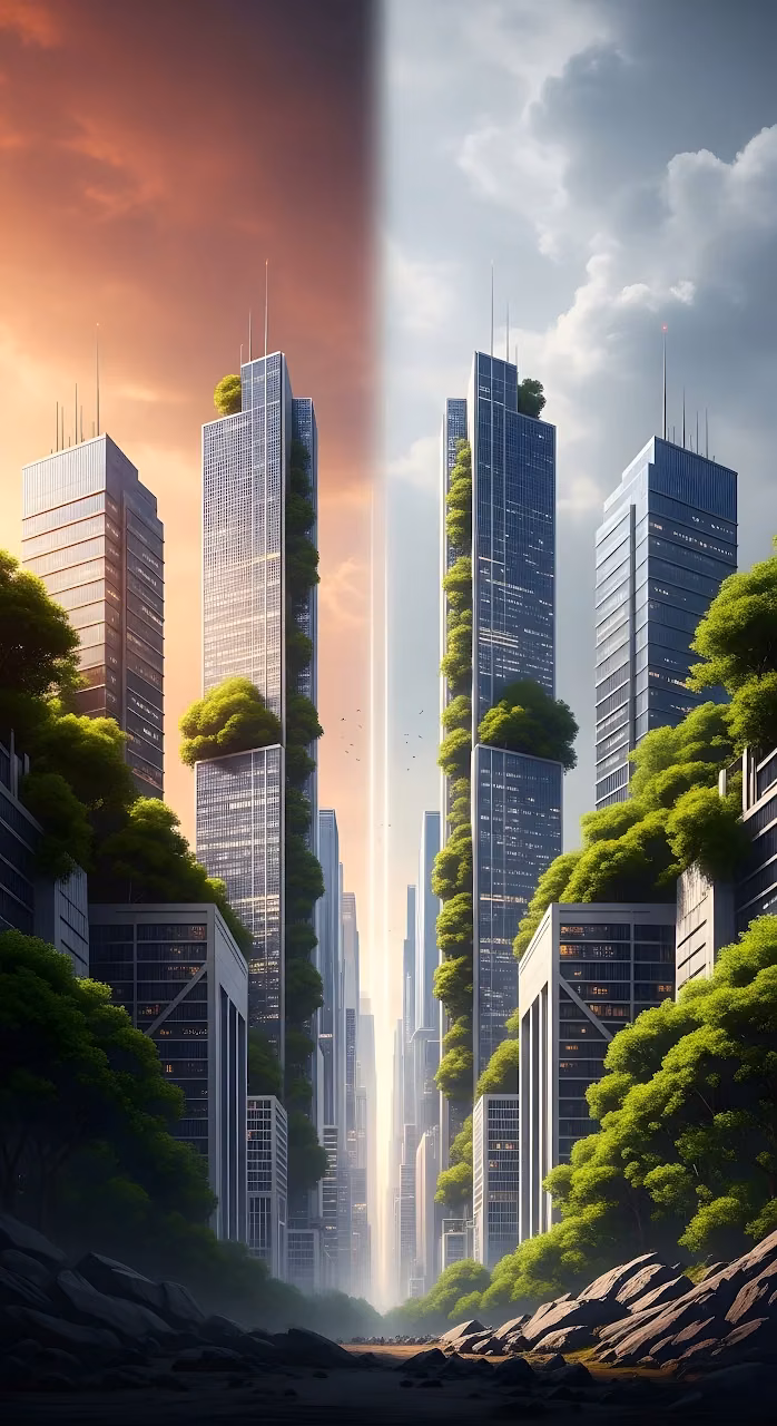 Download Split View of Eco-Skyscrapers with Vertical Gardens Wallpaper in Mobile HD Split View of Eco-Skyscrapers with Vertical Gardens - Free Mobile AMOLED Wallpaper Background
