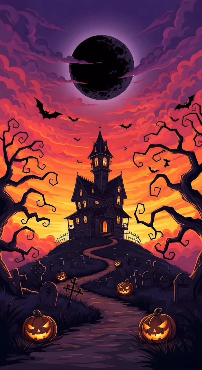 Download Spooky Haunted Mansion Graveyard Sunset Illustration Wallpaper in Mobile HD Spooky Haunted Mansion Graveyard Sunset Illustration - Free Mobile AMOLED Wallpaper Background