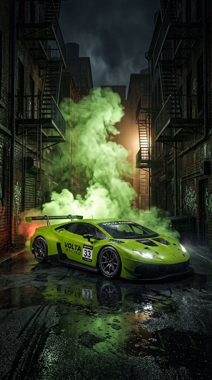 Sport Coupe Race Car parked in Dark Smoked City Alley - Free Mobile AMOLED Wallpaper Background