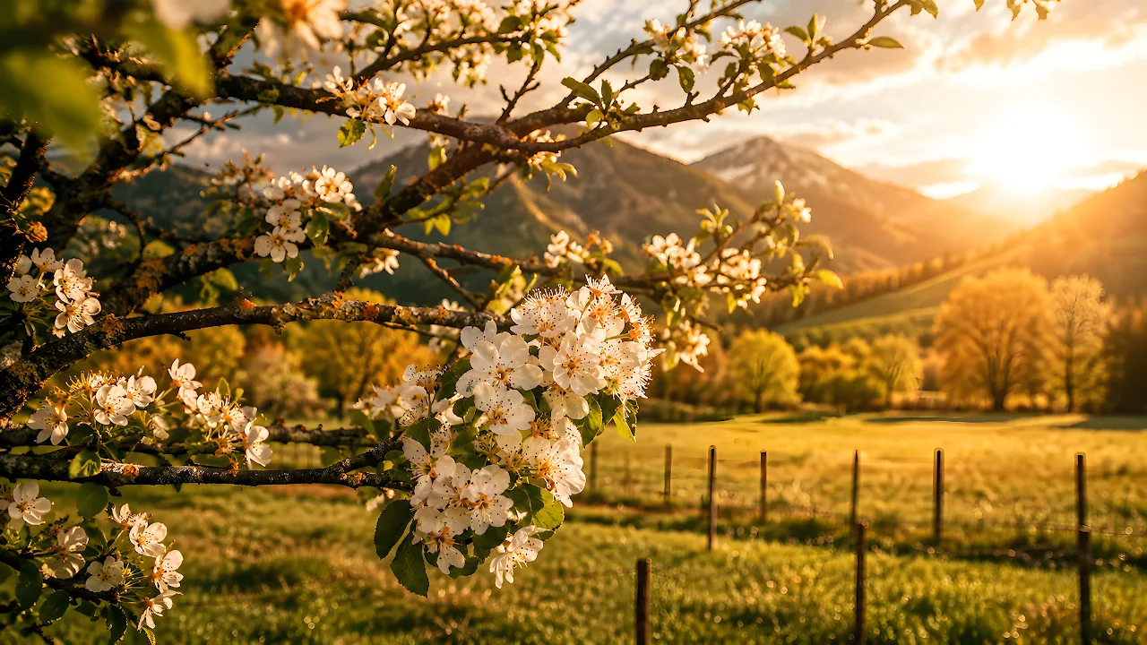 White spring tree blossoms in the foreground with a sunlit green pasture, fence, and mountains in the background.