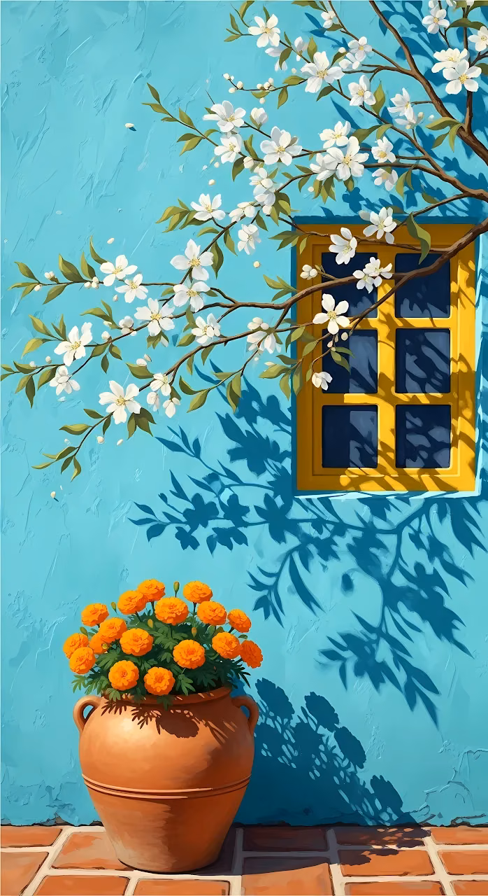 Spring Blossoms and Marigolds Against a Turquoise Wall - Free Mobile AMOLED Wallpaper Background