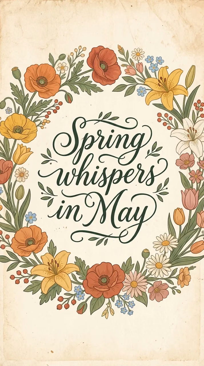 Download Spring Whispers in May Quote with Vintage Floral Illustration Wallpaper in Mobile HD Spring Whispers in May Quote with Vintage Floral Illustration - Free Mobile AMOLED Wallpaper Background