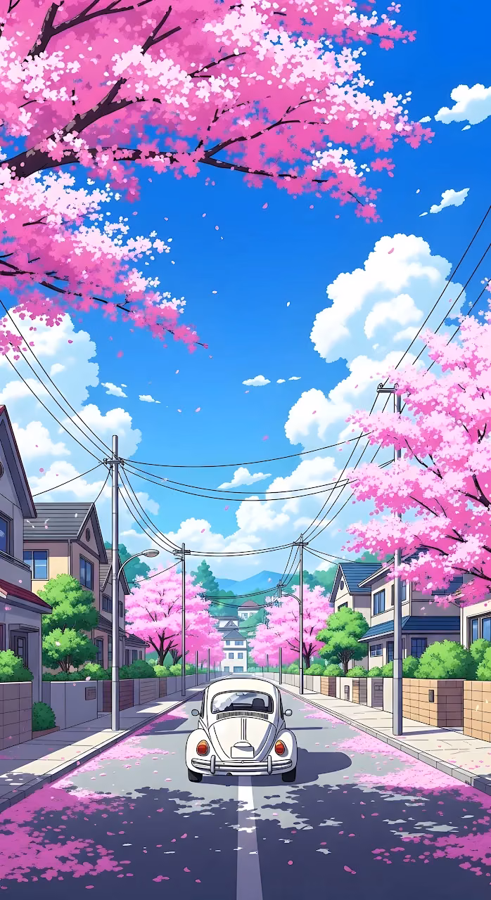 Download Springtime Sakura Street with Classic White Beetle Car Wallpaper in Mobile HD Springtime Sakura Street with Classic White Beetle Car - Free Mobile AMOLED Wallpaper Background