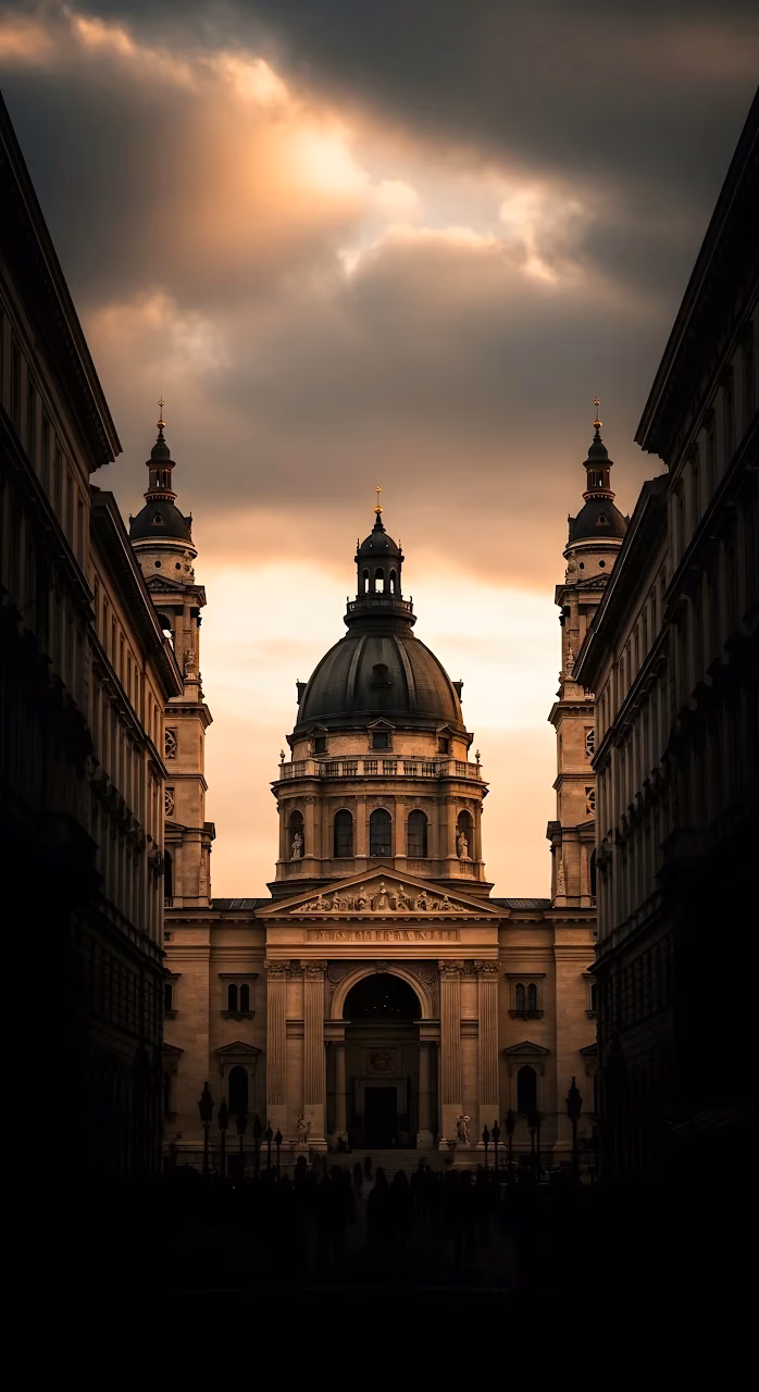 St. Stephen's Basilica at Dusk Framed by Buildings - Free Mobile AMOLED Wallpaper Background