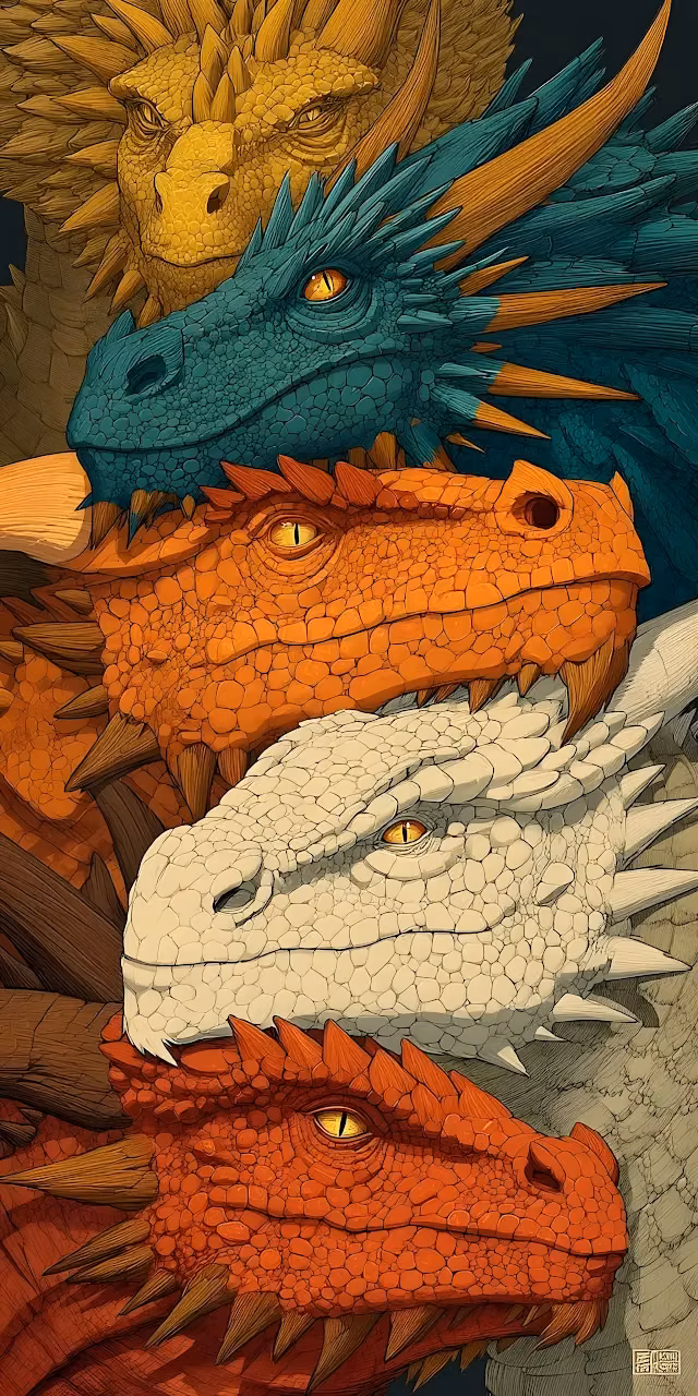 Stacked Heads of Five Vibrant Colored Dragons - Free Mobile AMOLED Wallpaper Background