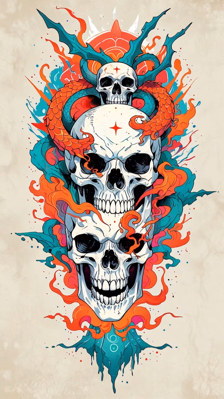 Stacked Skulls Art with Neon Teal and Orange Smoke Elements - Free 4K Desktop Wallpaper Background