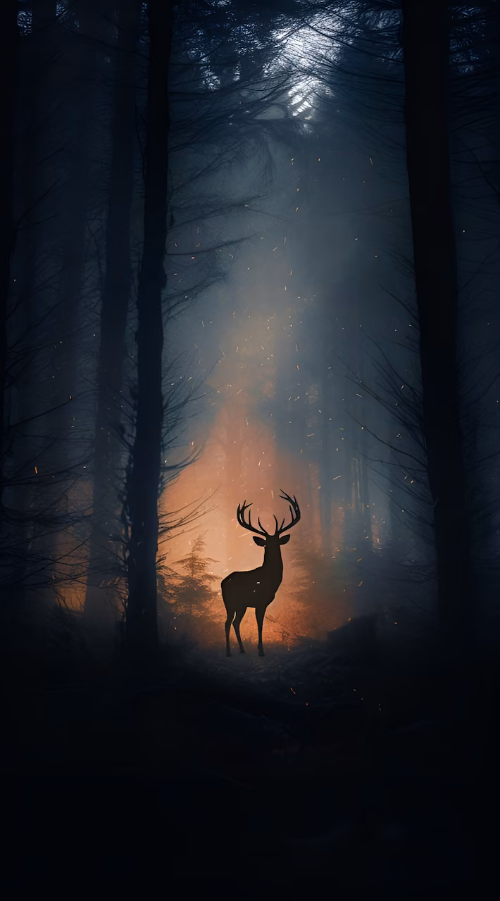 Stag Silhouette Dark Forest Fire Glow Cinematic Wildlife - Free Mobile AMOLED Wallpaper Background