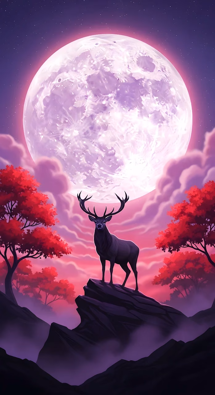 Download Stag Silhouette Under Giant Lavender Moon Wallpaper in Mobile HD Stag Silhouette Under Giant Lavender Moon - Free Mobile AMOLED Wallpaper Background