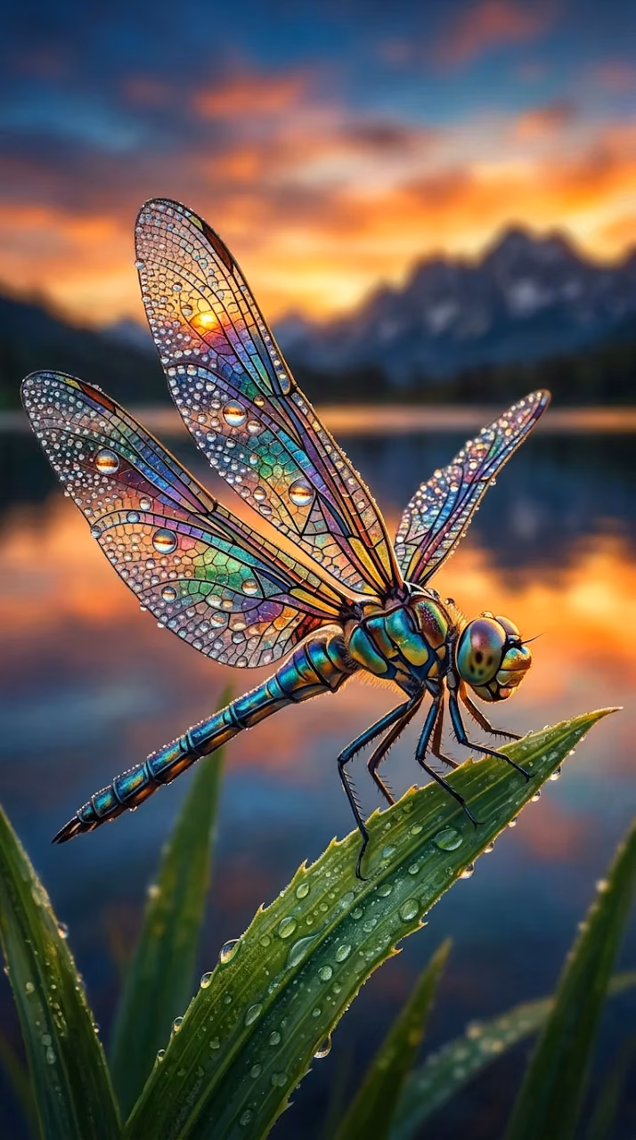 Stained Glass Style Dragonfly with Water Droplets at Sunset - Free Mobile AMOLED Wallpaper Background