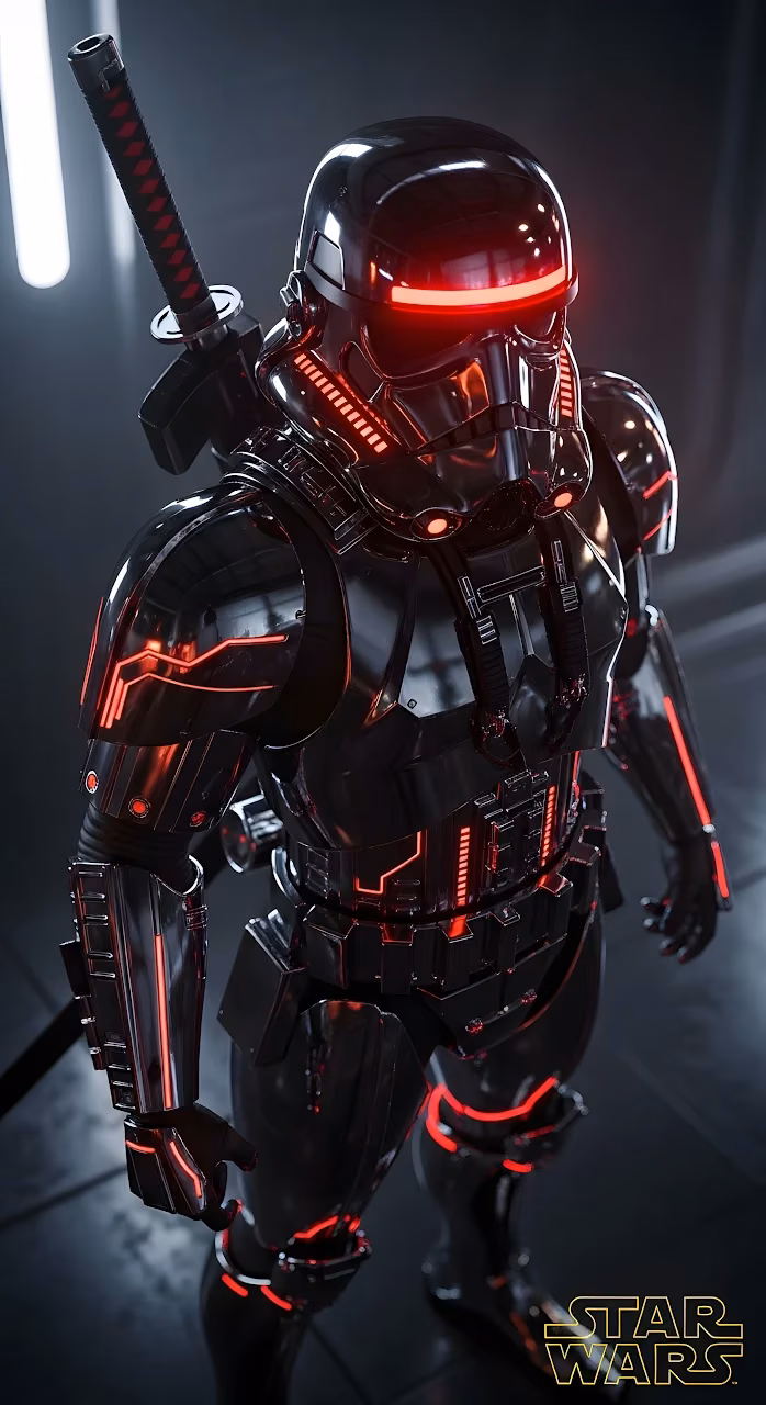 Star Wars Shadow Trooper with Katana and Red Neon Accents - Free Mobile AMOLED Wallpaper Background