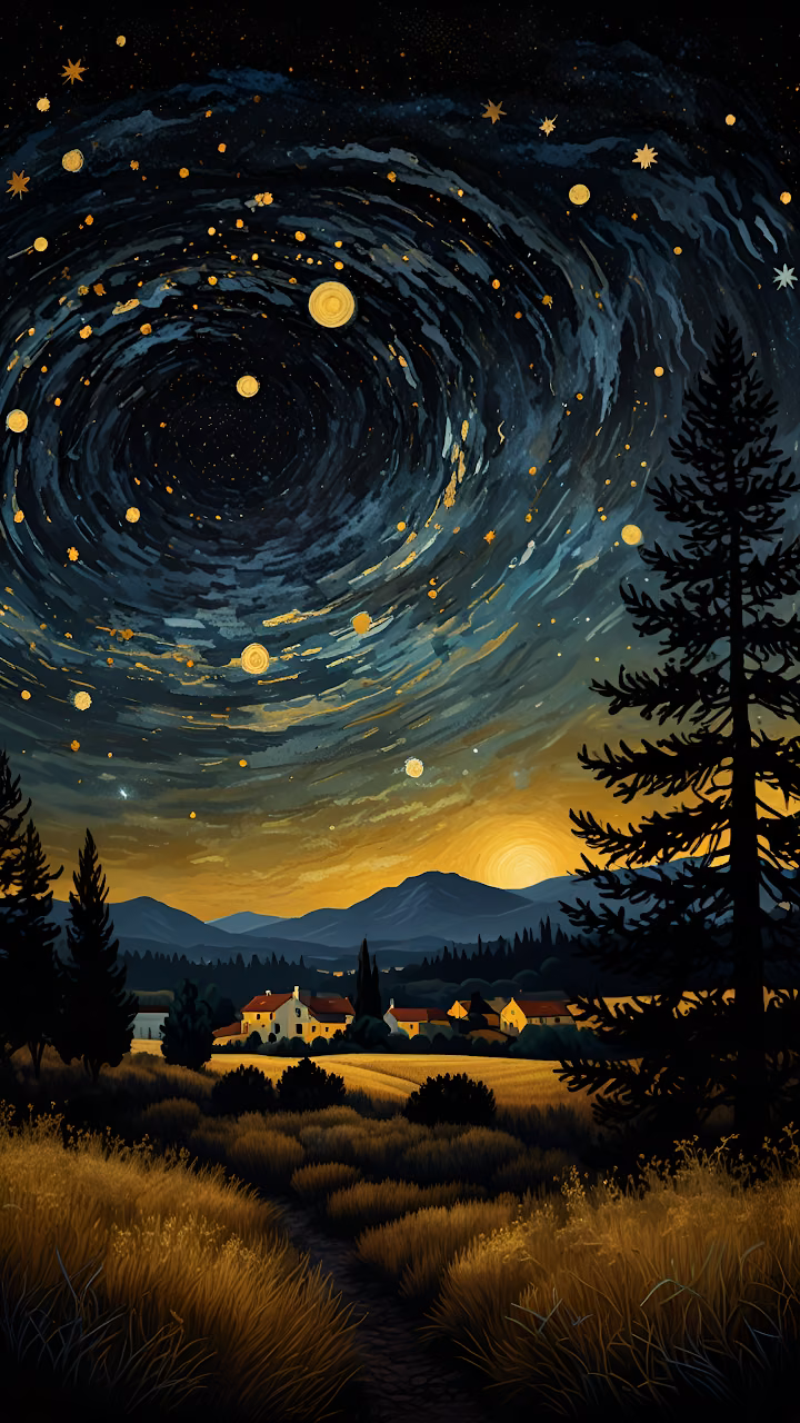 Download Starry Night Inspired Village Landscape Painting Style Wallpaper in Mobile HD Starry Night Inspired Village Landscape Painting Style - Free Mobile AMOLED Wallpaper Background
