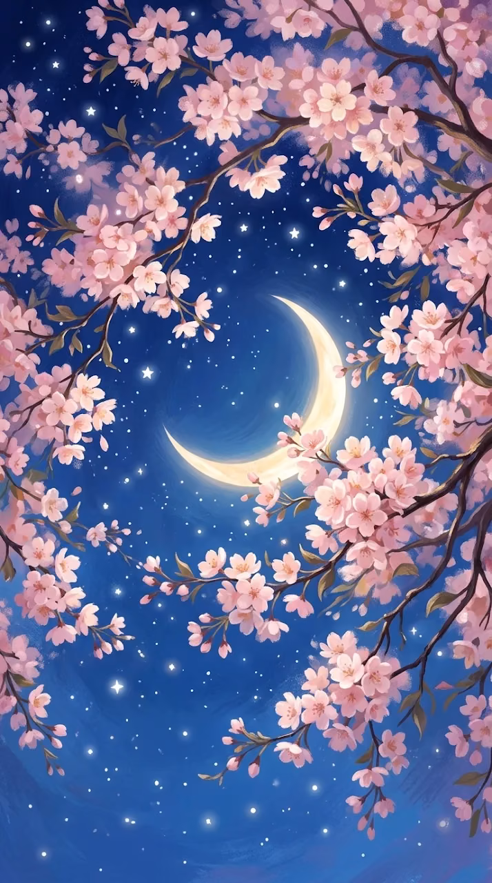 Starry Night Landscape with Crescent Moon and Cherry Blossoms - Free Mobile AMOLED Wallpaper Background