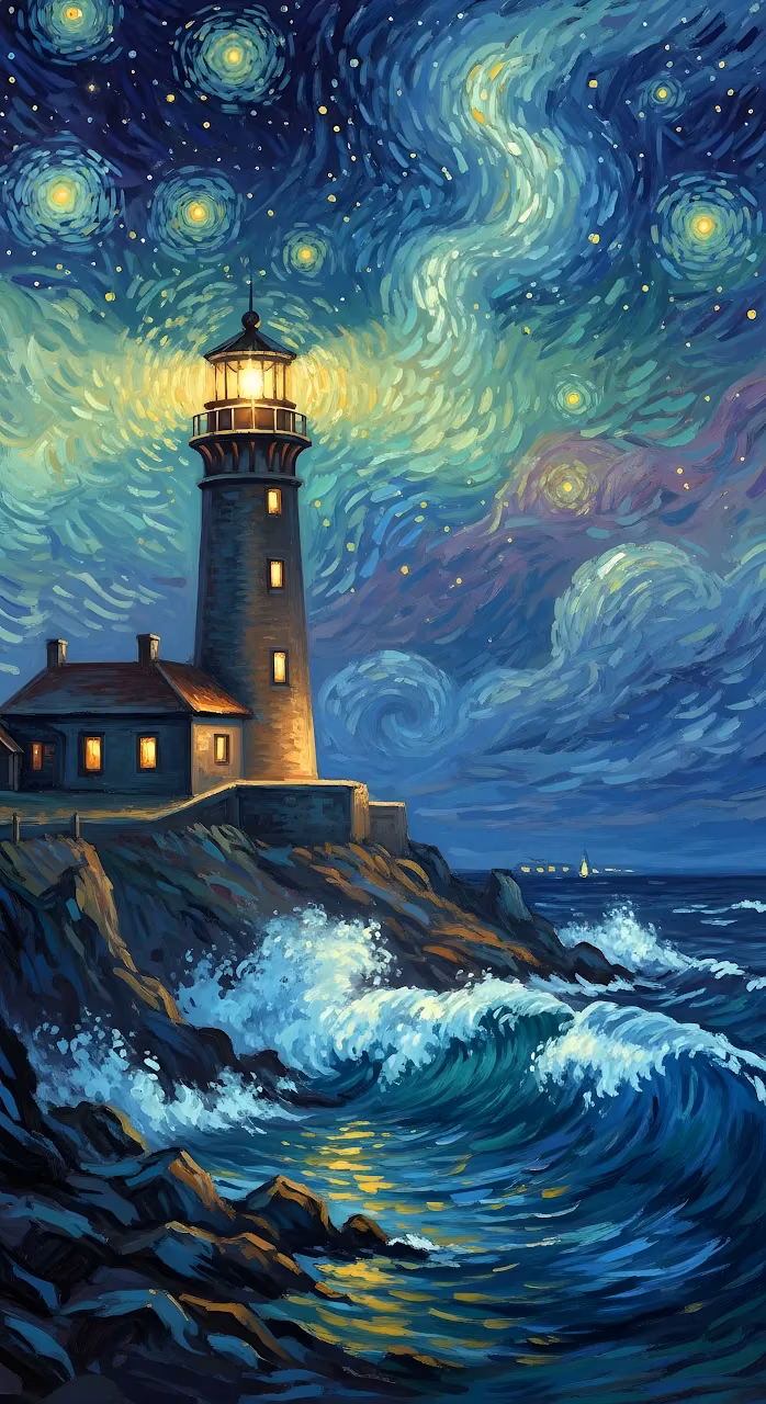 Download Starry Night Lighthouse on Stormy Cliff Oil Painting Wallpaper in Mobile HD Starry Night Lighthouse on Stormy Cliff Oil Painting - Free Mobile AMOLED Wallpaper Background