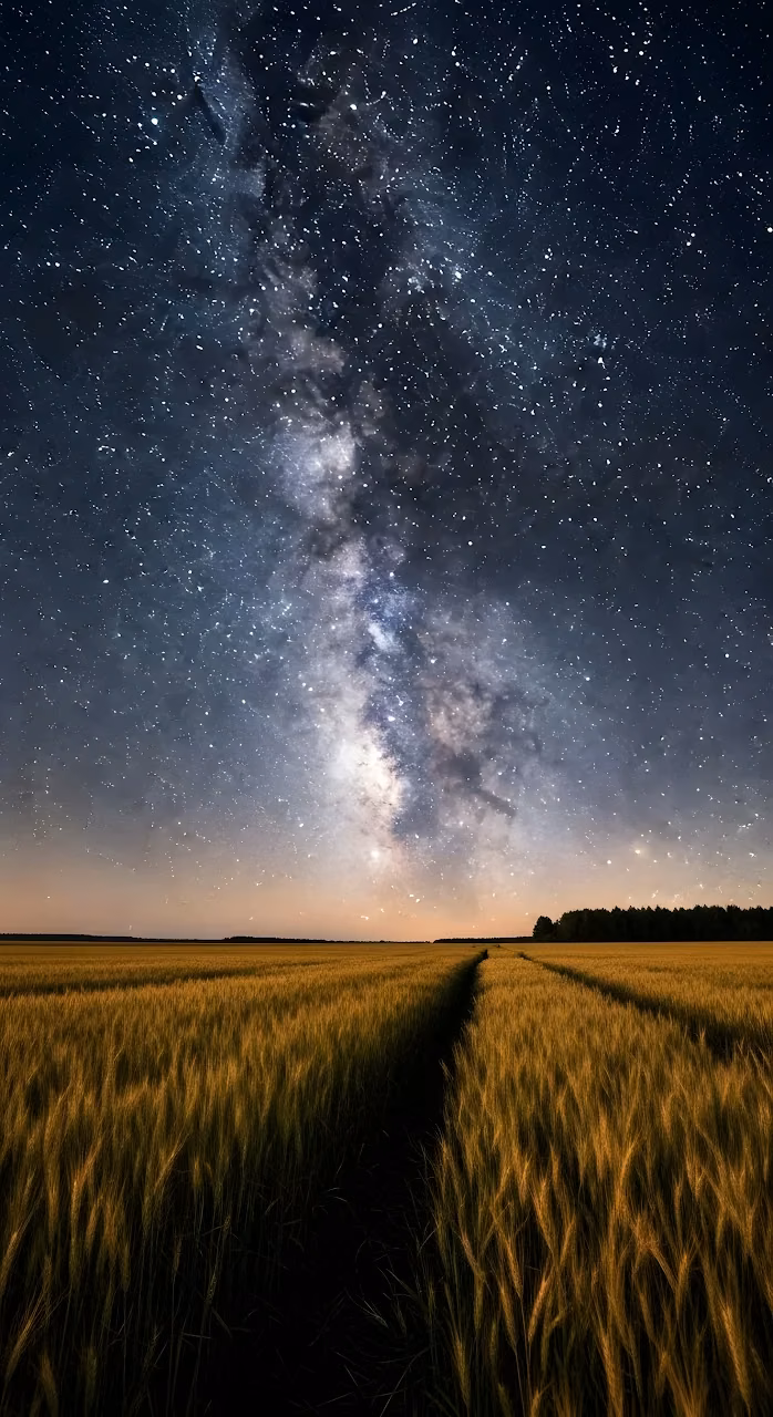 Starry Night Milky Way Over Golden Harvest Field - Free Mobile AMOLED Wallpaper Background