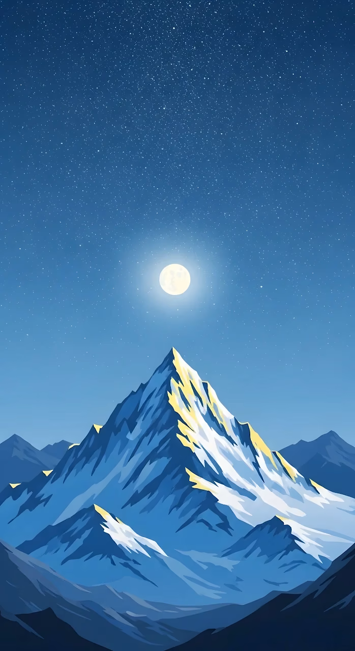 Starry Night Mountain Peak with Full Moon Illustration - Free Mobile AMOLED Wallpaper Background