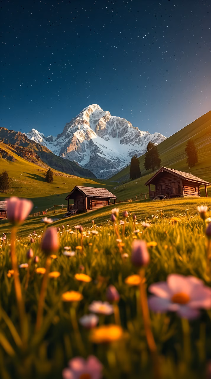 Download Starry Night Over Alpine Meadow and Snowcapped Peaks Wallpaper in Mobile HD Starry Night Over Alpine Meadow and Snowcapped Peaks - Free Mobile AMOLED Wallpaper Background