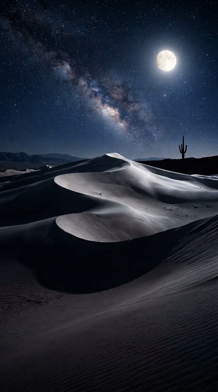 Download Starry Night Over Moonlit Desert Sand Dunes Wallpaper in Mobile HD Starry Night Over Moonlit Desert Sand Dunes - Free Mobile AMOLED Wallpaper Background
