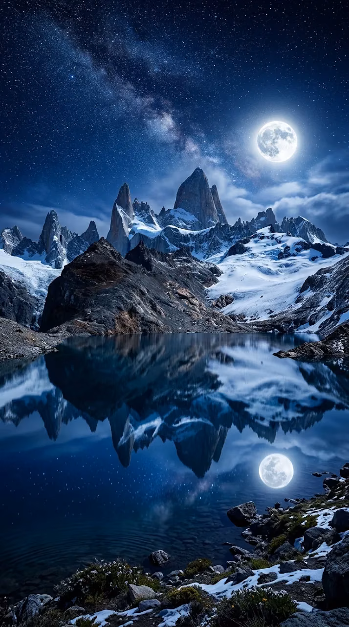 Starry Night Over Rugged Mountains and Reflective Lake - Free Mobile AMOLED Wallpaper Background