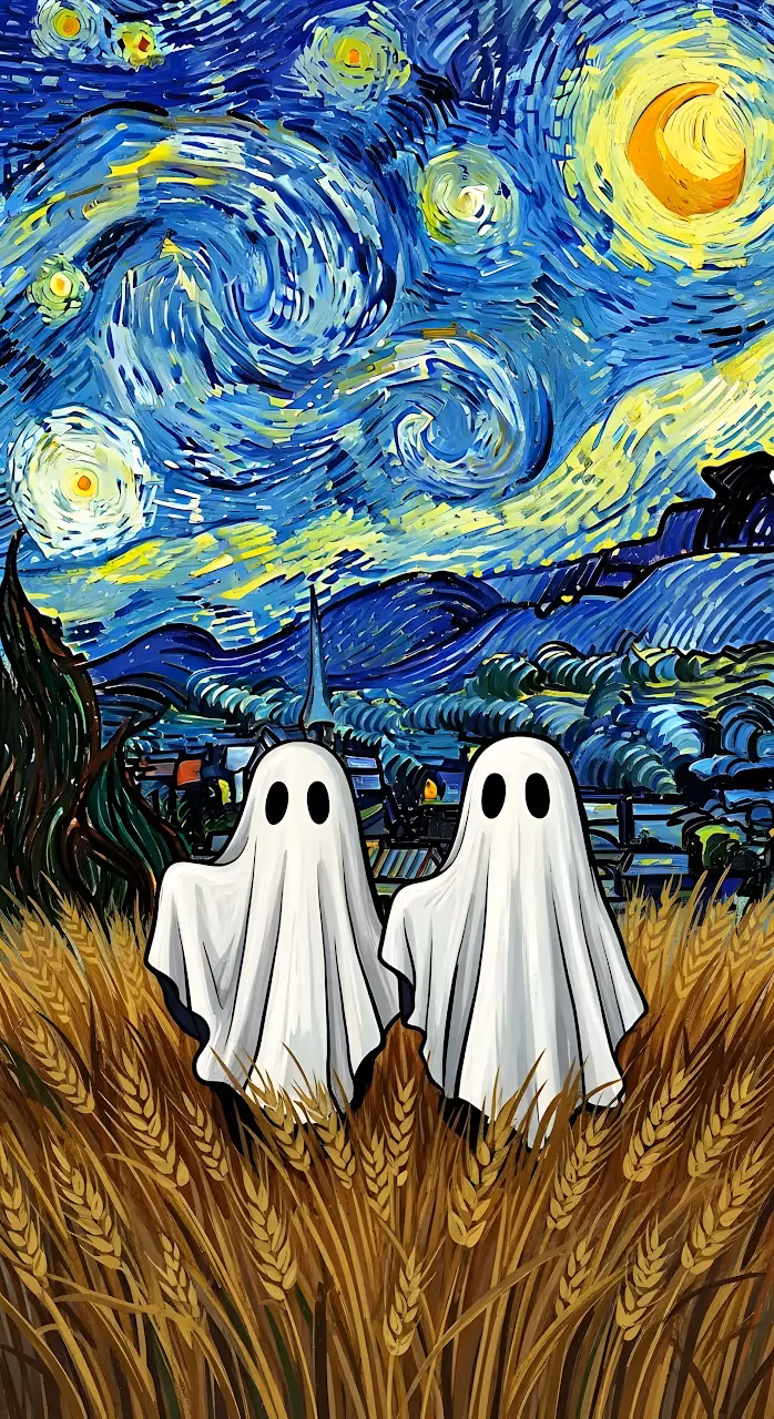 Starry Night Parody with Two Sheet Ghosts in Wheat Field - Free Mobile AMOLED Wallpaper Background
