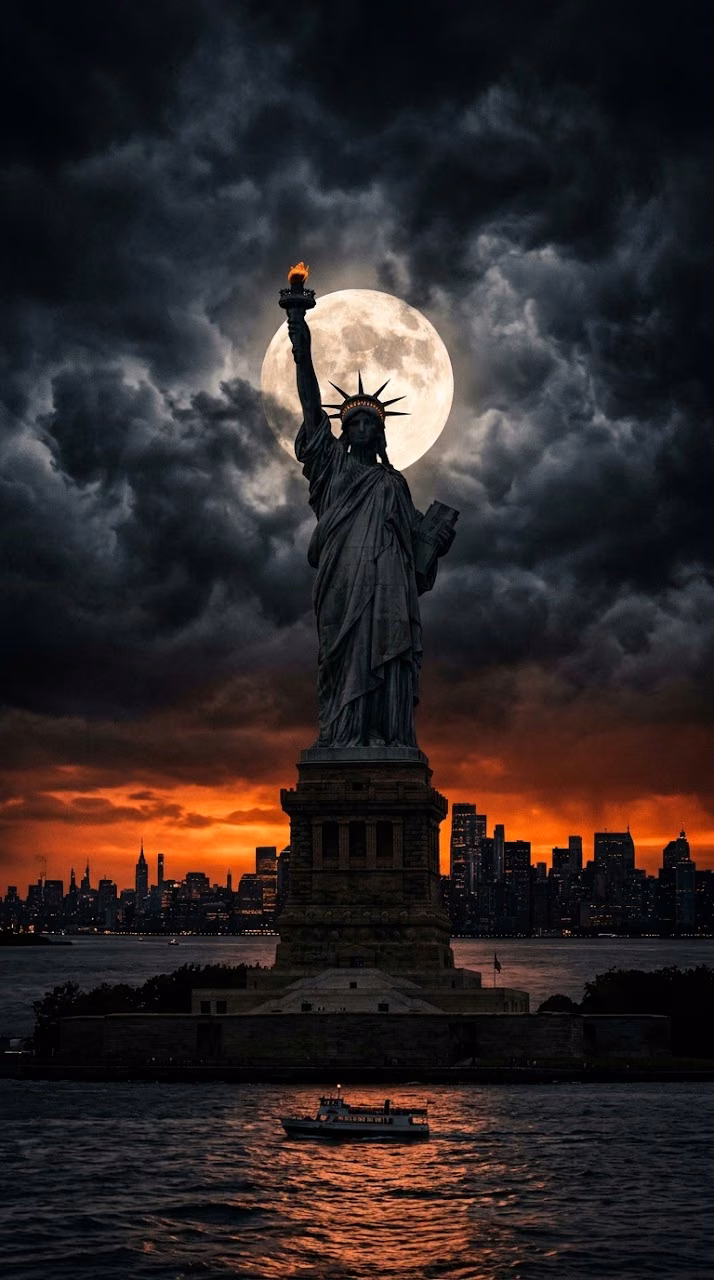 Statue of Liberty Night Skyline - Free Mobile AMOLED Wallpaper Background