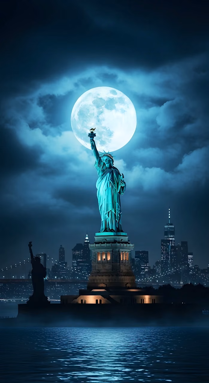 Statue of Liberty Under a Giant Cyan Full Moon - Free Mobile AMOLED Wallpaper Background