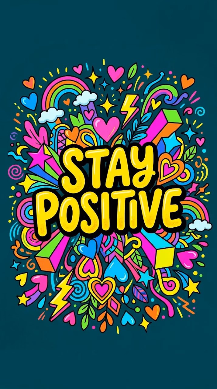 Stay Positive Quote in Vibrant Cartoon Doodle Typography Art - Free Mobile AMOLED Wallpaper Background