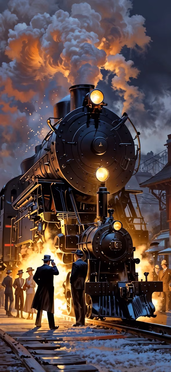 Steam Train at Sunset with Passengers on Snowy Platform - Free Mobile AMOLED Wallpaper Background
