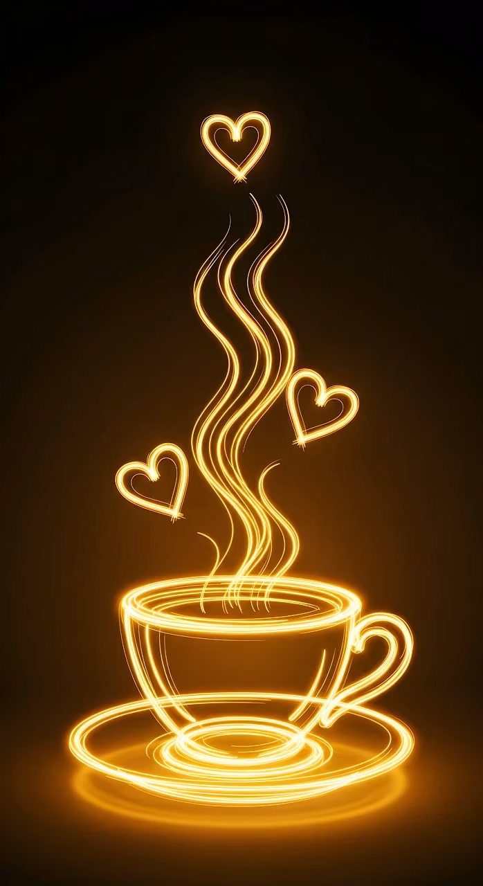 Steaming Coffee Cup with Floating Neon Hearts Line Art - Free Mobile AMOLED Wallpaper Background