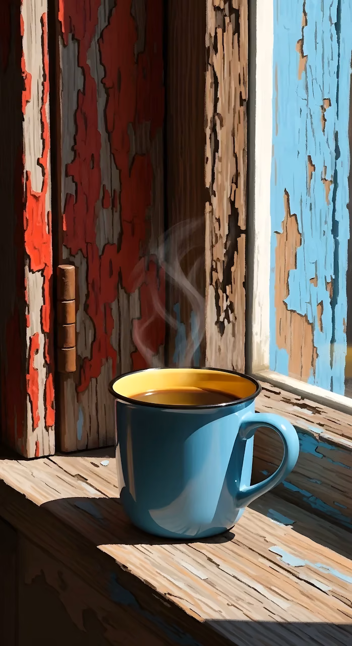 Download Steaming Coffee Mug on Rustic Peeling Paint Window Sill Wallpaper in Mobile HD Steaming Coffee Mug on Rustic Peeling Paint Window Sill - Free Mobile AMOLED Wallpaper Background