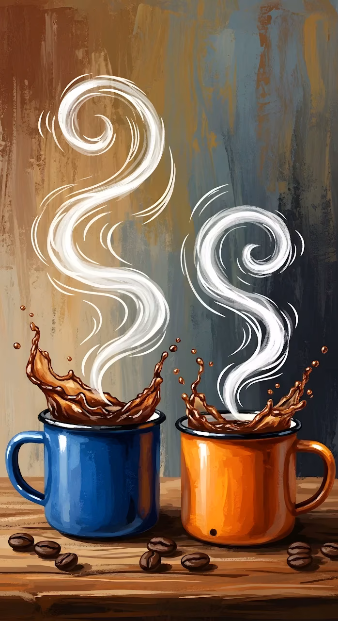 Steaming Coffee Splatter Art Blue Orange Mugs - Free Mobile AMOLED Wallpaper Background